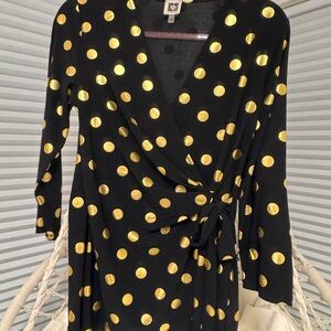 Anne Klein Black and Gold Polka Dot Wrap Dress